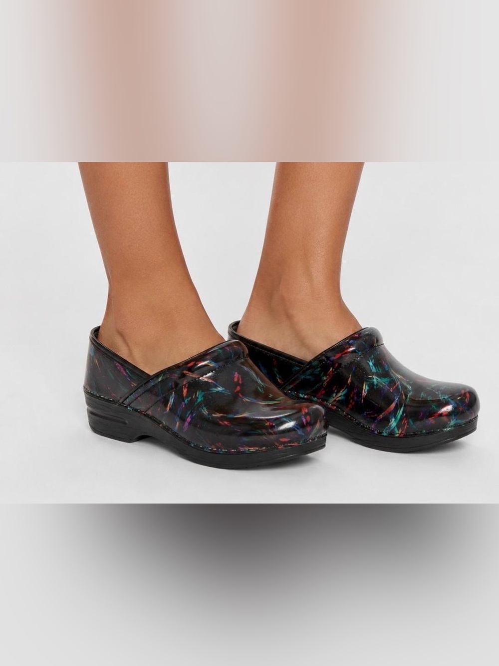 EUC Dansko Women’s Black Clogs with Multicolor Brushstroke Print